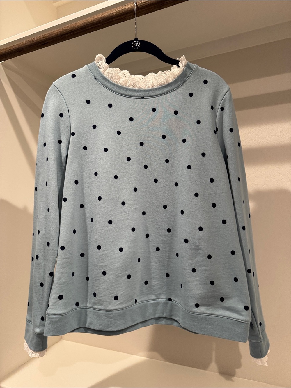 Boden Light Blue Polka Dot Lace-Trim Sweatshirt